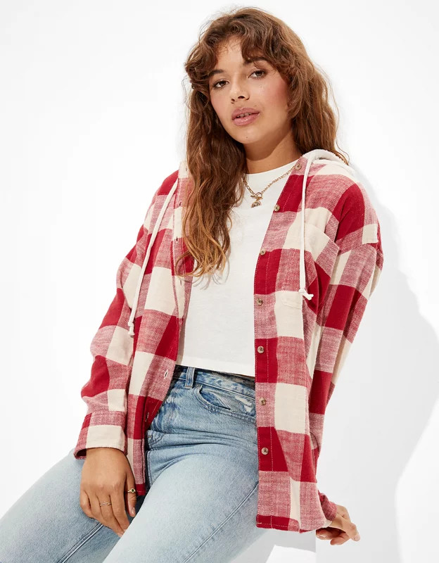 AE Plaid Flannel Hooded Button Up Shirt | American Eagle Outfitters (US & CA)