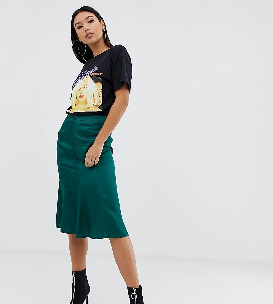 Boohoo exclusive satin midi skirt in green | ASOS (Global)