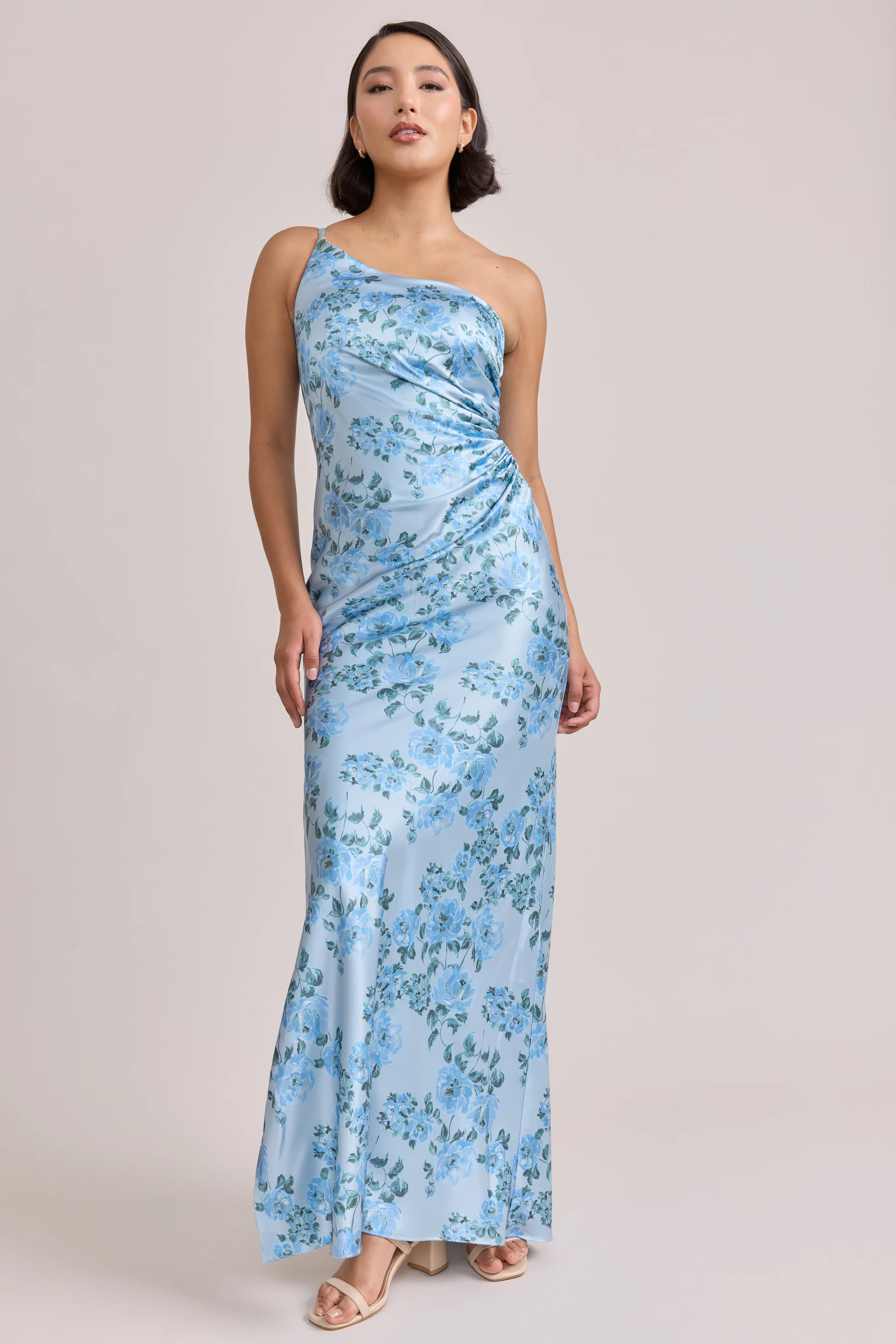 Jade Satin Floral Print Dress | Revelry