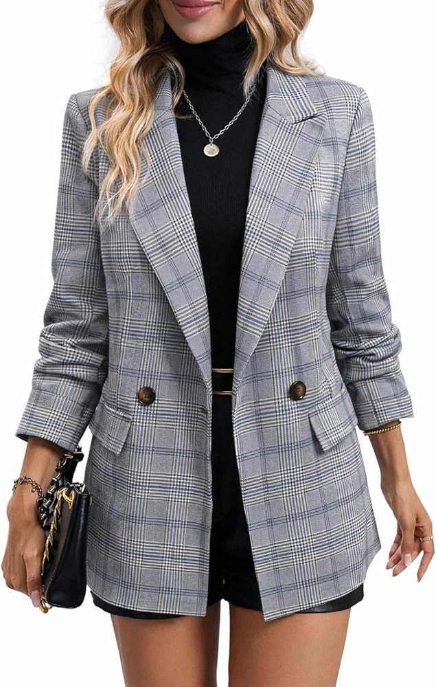 Mina Self Women's 2026 Spring Plaid Houndstooth Blazer Jacket - Fully Lined Button Lapel Casual W... | Amazon (US)
