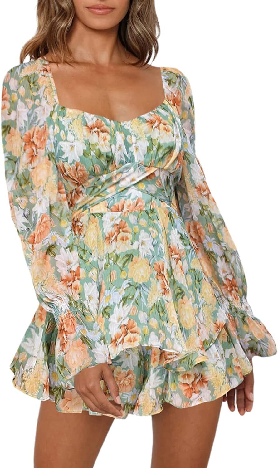Linsery Women Boho Off Shoulder Romper Floral Print Tie Back Ruffle Hem Chiffon Short Jumpsuit | Amazon (US)