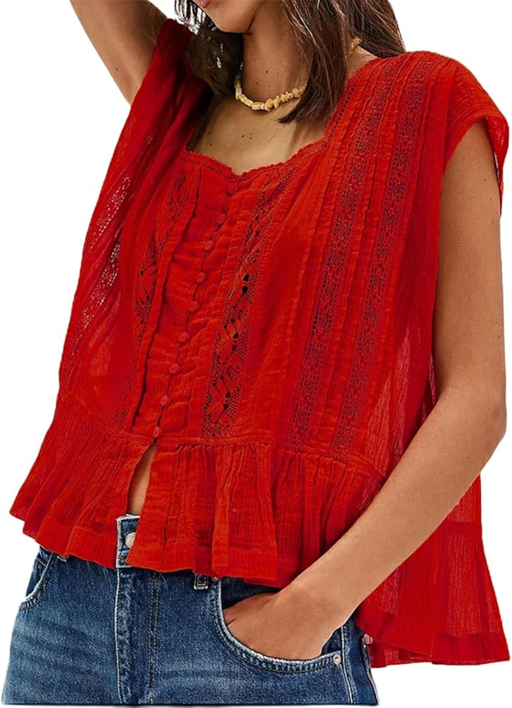 Women Y2k Semi Sheer Blouse Shirt Lace Trim Button Down Short Sleeve Round Neck Casual Going Out ... | Amazon (US)