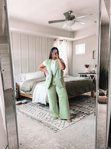 Amazon outfit is 10/10!! I’m 5’1” size 12, wearing a large in this sleeveless blazer suit set. True to size. Shade is light green. Wearing a 2.5 in heel. Bodysuit and shoes are also true to size. Lounge pants from my IG reel run small, size UP. 

#LTKMidsize #LTKFindsUnder100 #LTKWorkwear
