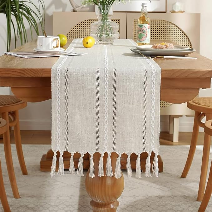 Laolitou Rustic Table Runner with Tassels, Cotton Linen Table Decoration for Holiday Party, Farmh... | Amazon (US)