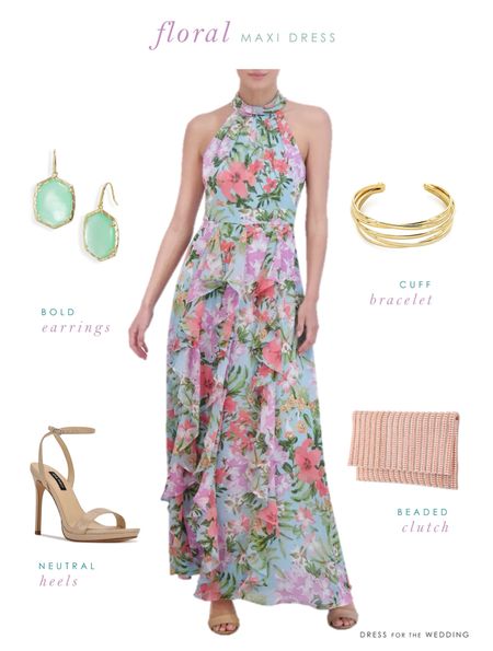 Floral maxi dress, accessories, earrings, sandals, clutches, bracelets. What to wear to a wedding over 40,50. 🌸 Follow Dress for the Wedding for more wedding guest dresses, bridesmaid dresses, wedding dresses, and mother of the bride dresses. 

#LTKWedding #LTKOver40