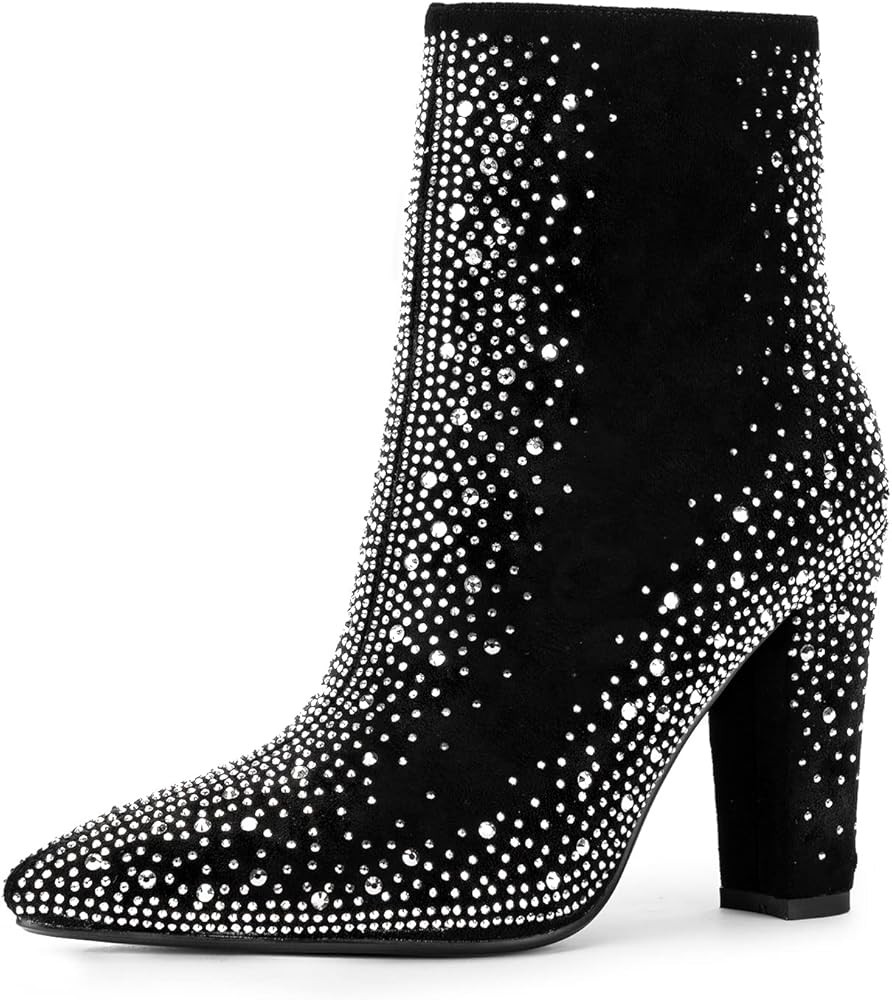 Pasuot Black Rhinestone Boots for Women - Sparkly Diamond Ankle Boots with Studded Chunky Heel, P... | Amazon (US)