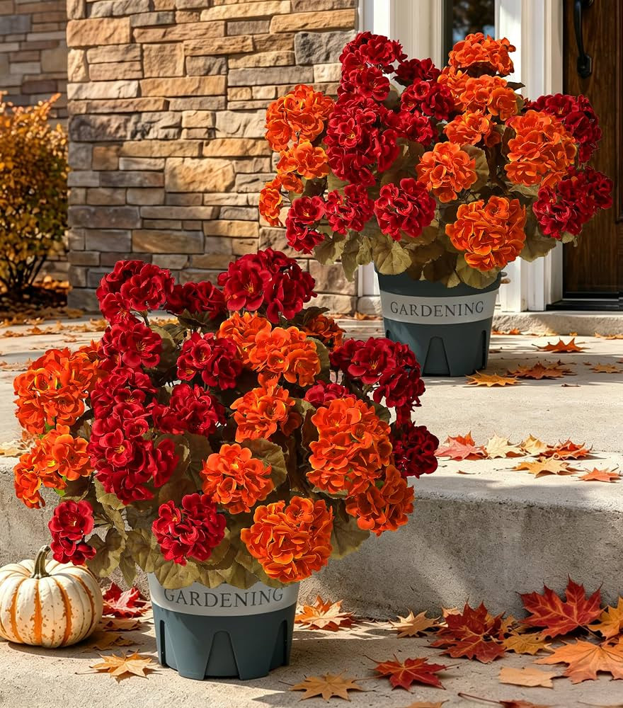 Geraniums Fall Flowers Artificial Flowers for Outdoors Autumn Decor, 2 Pack Potted Plants Faux Ge... | Amazon (US)
