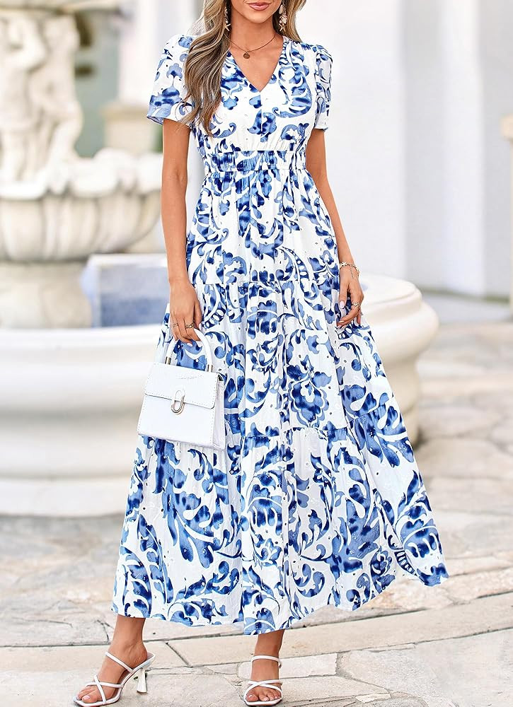 BTFBM Womens Summer Dresses 2026 V Neck Hollow Out Eyelet A Line Flowy Boho Beach Vacation Wedding Guest Maxi Dress | Amazon (US)