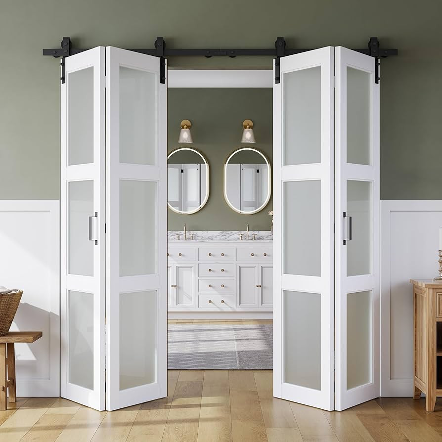 SMARTSTANDARD 80in x 84in Bifold Barn Door, Frosted Glass Barn Door with Hardware Kit Included, P... | Amazon (US)