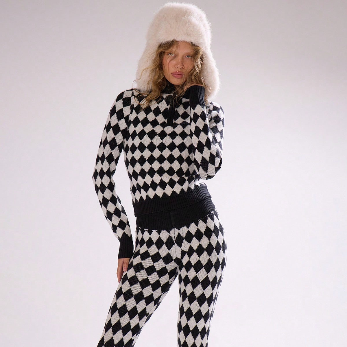 MUSERA Argyle Cross Knitted High Zip Neck Fitted Jumper Top Only Winter Ski Vacation Lounge Holidays Apres-Ski Aspen Spring Sweater Spring Vacation | SHEIN