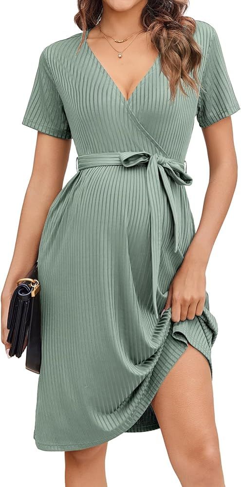 Ekouaer Short Sleeve Formal Pregnancy Dresss V Neck Ribbed Maternity Dress Postpartum Lightweight Dresses with Belt Ice Green M | Amazon (US)