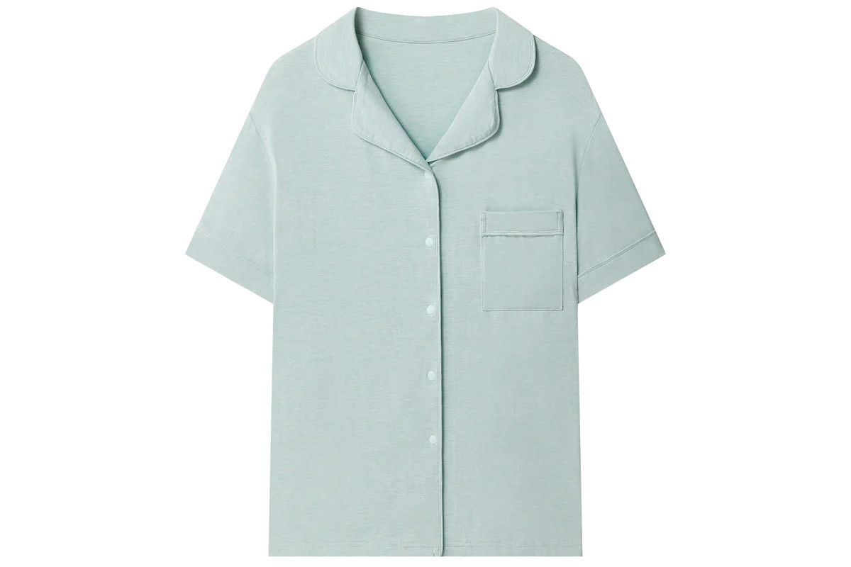 Women's Bamboo Jersey Short Sleeve Button-Up Shirt - Pantone Harbor Grey | Nest Designs