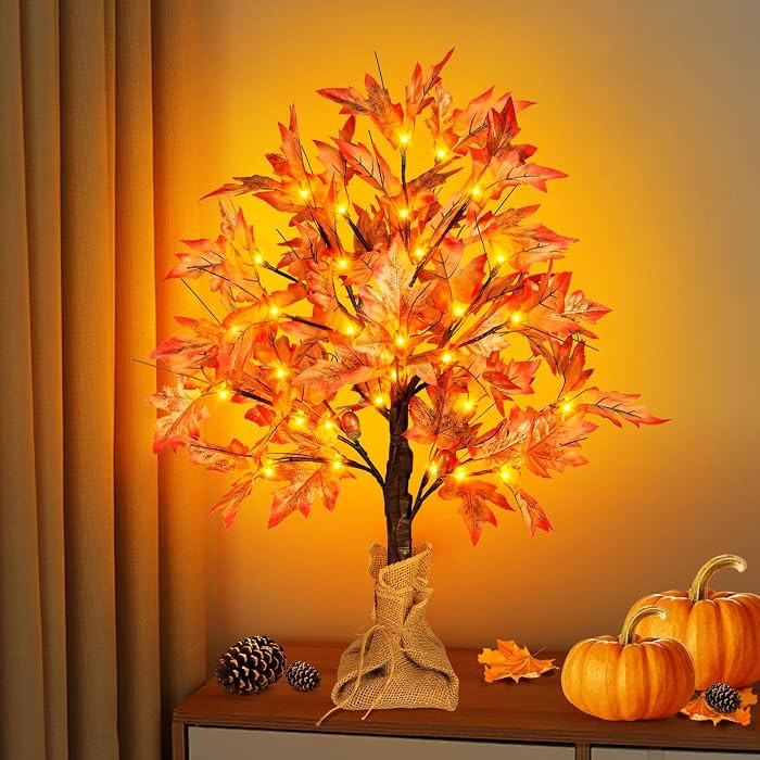 FastDeng 2FT Fall Lighted Maple Tree, 24 Inch Tabletop Artificial Tree with 36 LED Lights, 72 Lea... | Amazon (US)