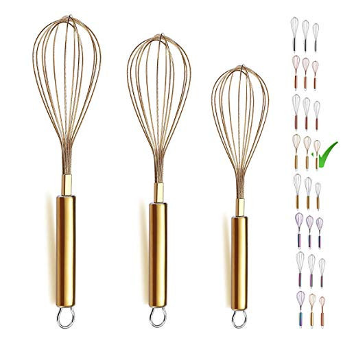 Berglander Gold Whisk Pack of 3 Stainless Steel 8",10",12", Titianium Plating Whisks for Cooking, Beater,Wire Whisk Set Kitchen Wisk (Gold) | Amazon (US)