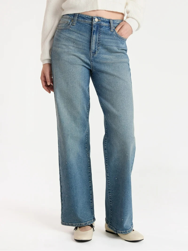 No Boundaries Studded Wide Leg Jeans, 31'' Inseam, Women’s | Walmart (US)