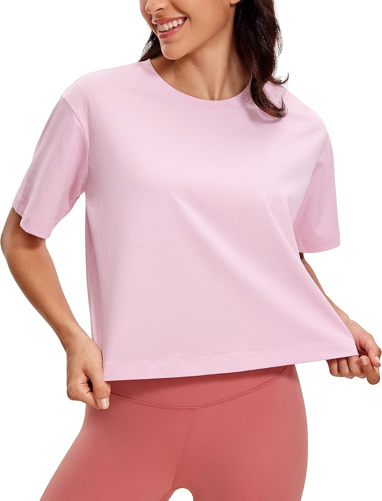 CRZ YOGA Womens Loose Fit Cotton Polyester Short Sleeve Shirts Crop Tops Casual Workout T-Shirts | Amazon (US)