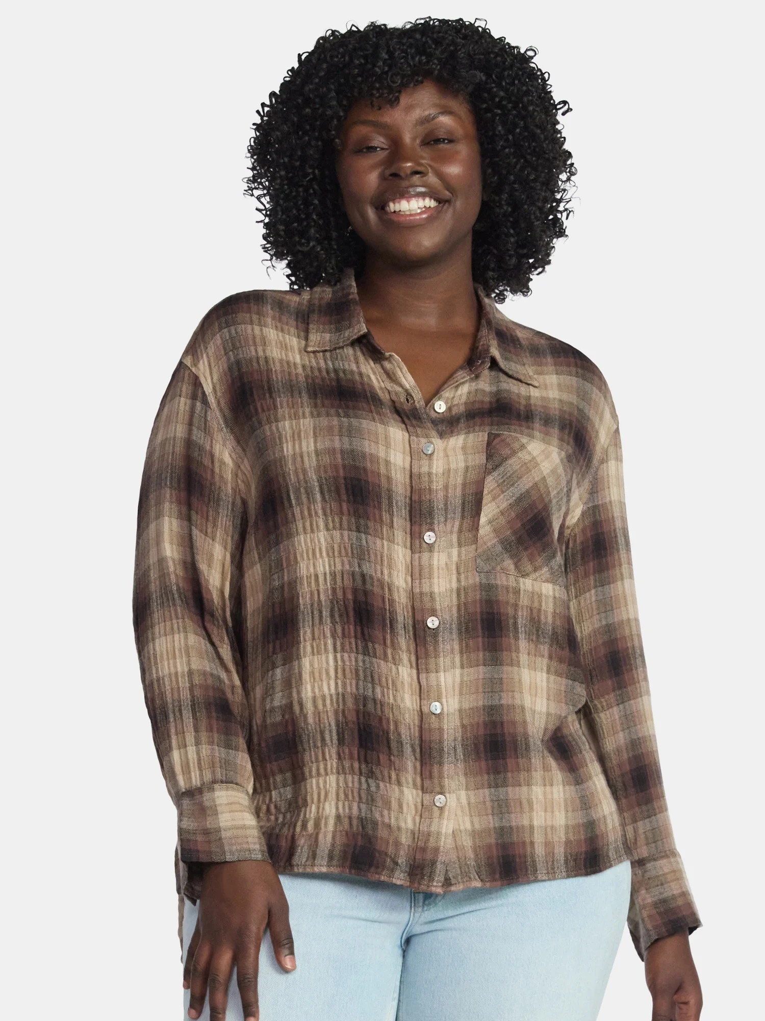 Terra & Sky Women's Plus Size Plaid Button Front Shirt, Sizes 0X-5X | Walmart (US)