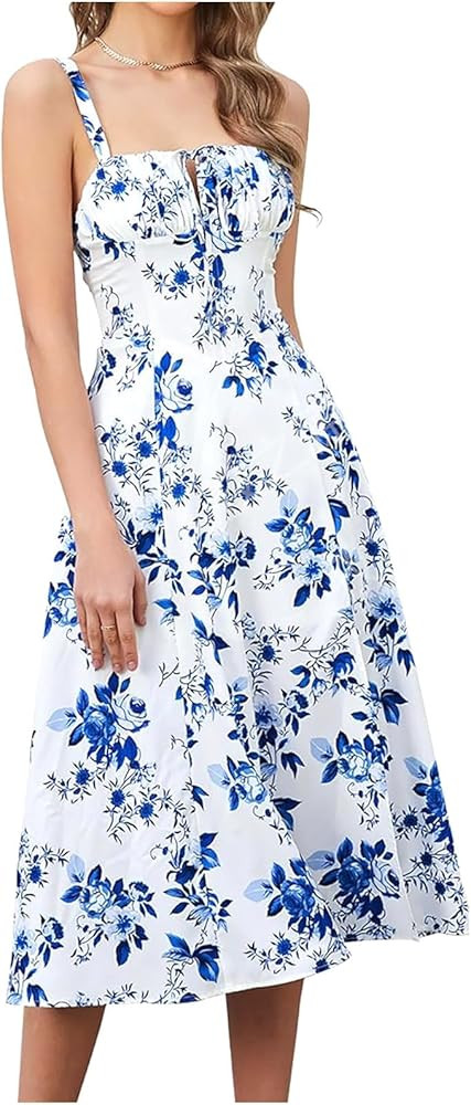 Women's Fashion Dress Summer Floral Print Sleeveless Low Collar Beach Dresses Sexy Side Slit Hem ... | Amazon (US)