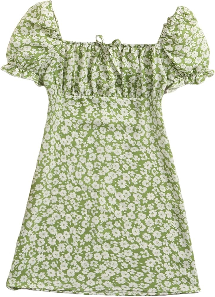 Verdusa Girl's Floral Print Puff Sleeve Square Neck Mini A Line Dress | Amazon (US)