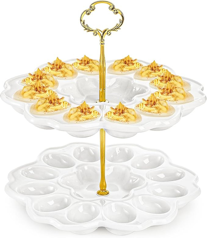 Peohud 2 Tier Deviled Egg Platter, 24 Holes Deviled Egg Tray Container, Detachable Ceramic Easter... | Amazon (US)