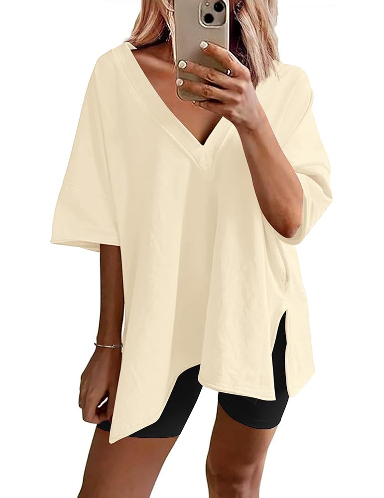 Ekouaer Womens Pajamas 2 Piece Lounge Sets Oversized V Neck T-Shirts Tops Biker Shorts Set Workou... | Amazon (US)