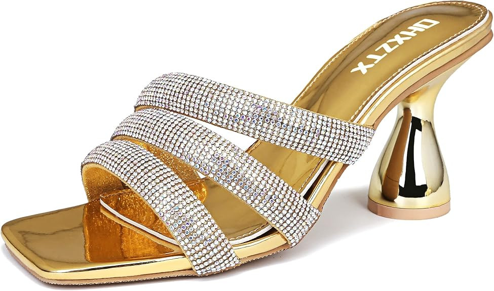 Women's Rhinestone Square Heeled Sandals Slip On Peep Toe Chunky Block Kitten High Heels Mules Sl... | Amazon (US)