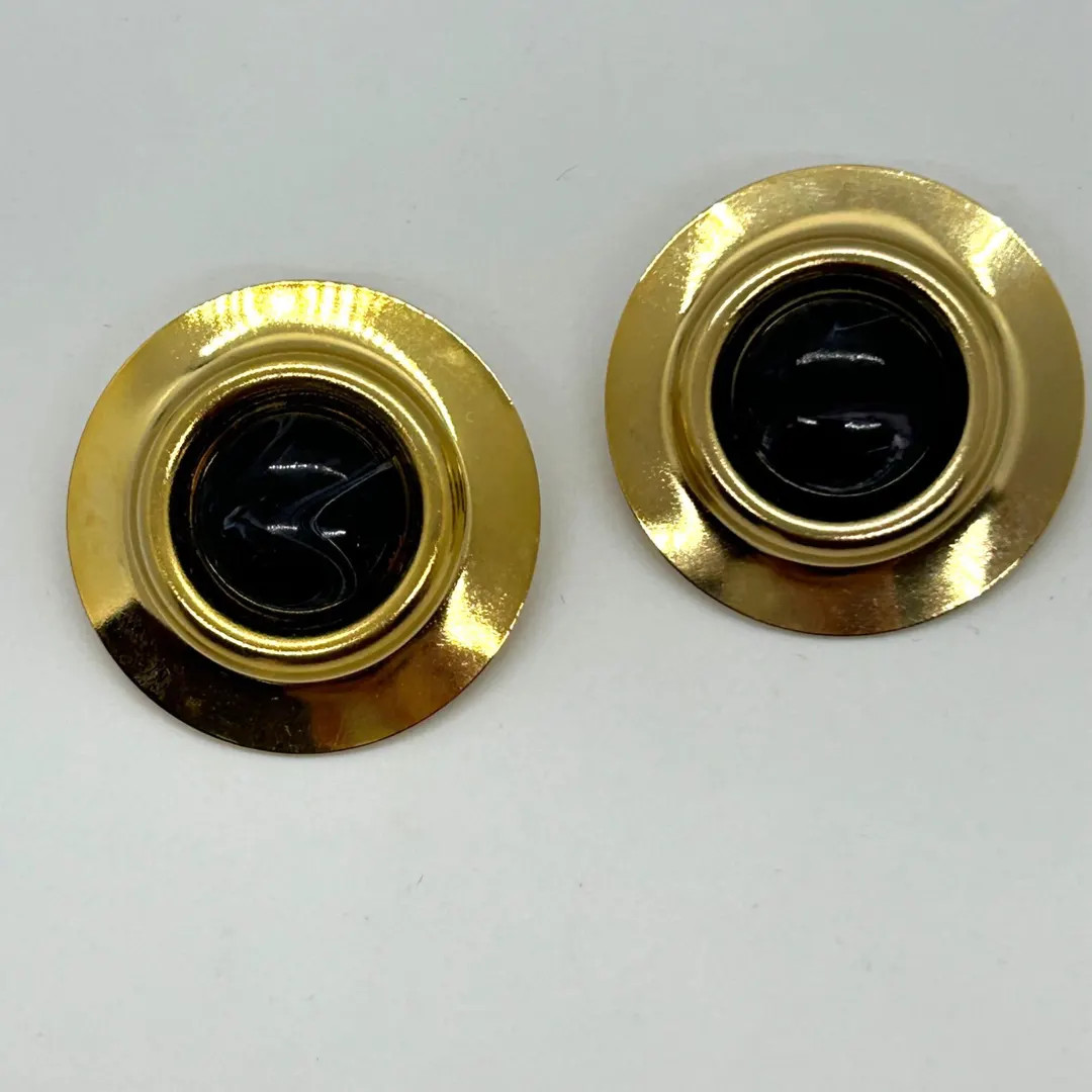 VintageGold Tone Prieced Earrings Black Cabochon Chunky Statement Modern 1980s | Etsy (US)