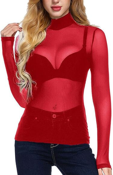 Edhomenn Women Sexy Sheer Long Sleeve Tops Mesh See Through Solid Color Casual Tops Slim Fit Blou... | Amazon (UK)
