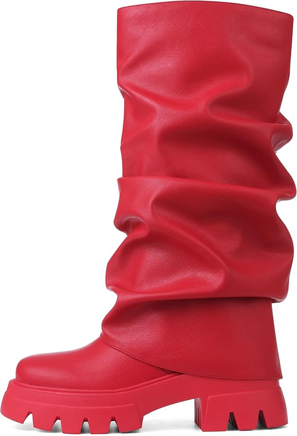VOMIRA Women's Fold Over Boots Slouchy Boots Wide Calf Pleated Platform Boots Glitter Metallic Si... | Amazon (US)