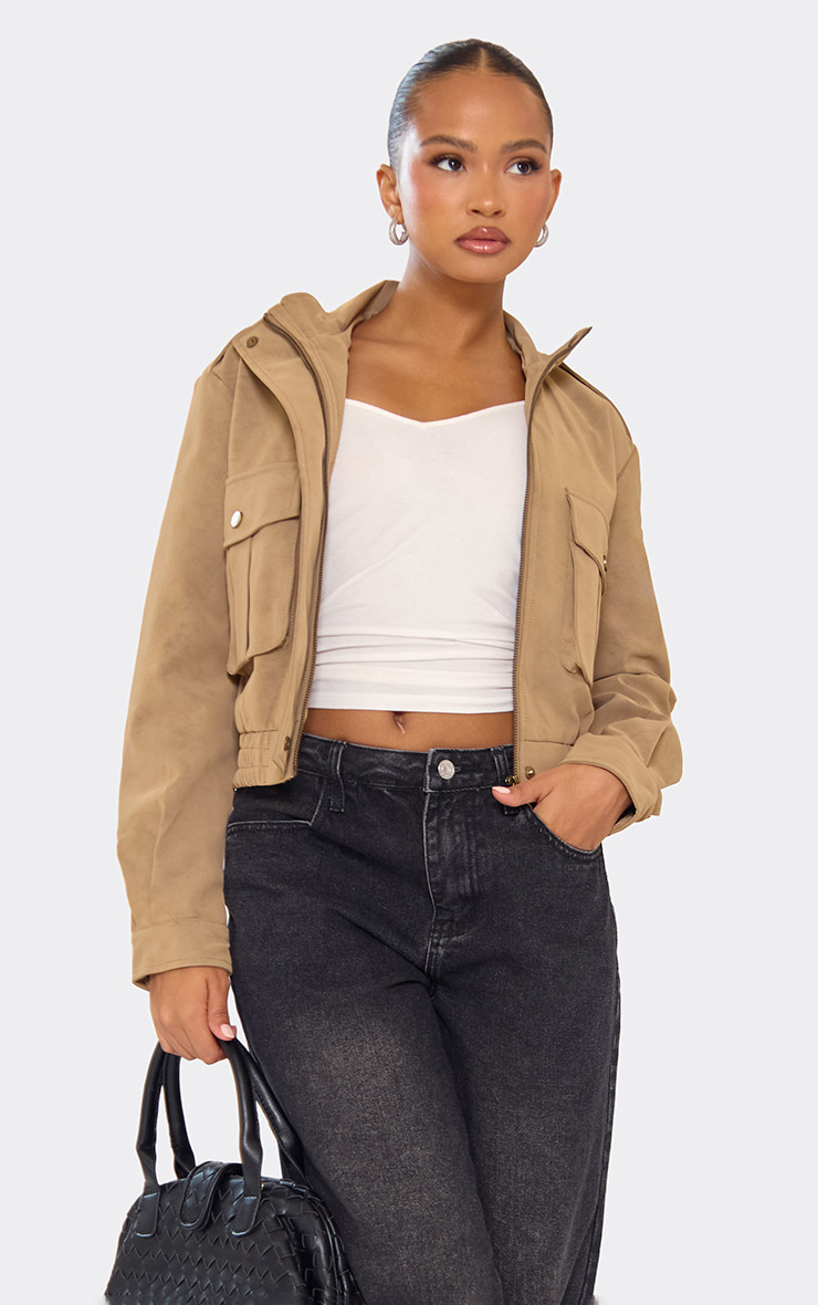 Long Sleeve Pocket Detail Cropped Jacket In Stone Faux Suede | EGO (UK)