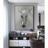 Minimalist Gray & White Horse Art, Original Portrait Art, Large Canvas Painting, Black Art, White Ar | Etsy (US)