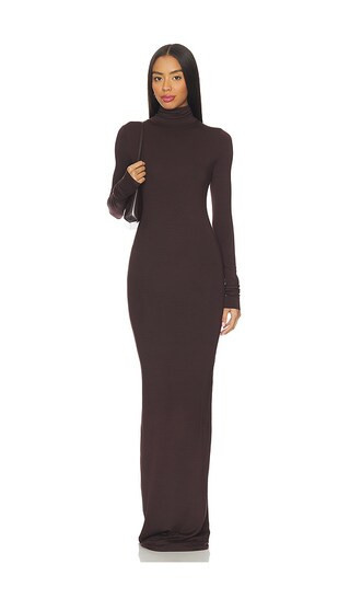 Eterne Long Sleeve Turtleneck Soft Jersey Maxi Dress in Brown. - size XS | Revolve Clothing (Global)