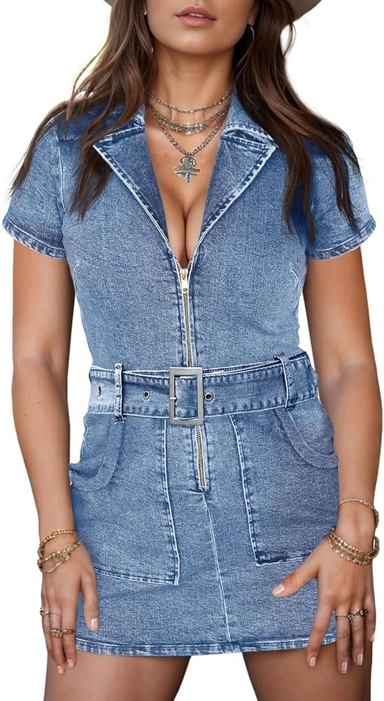 Wenrine Womens Summer Denim Dresses Bodycon Zipper Front Belted Sexy Mini Casual Dress with Pocke... | Amazon (US)