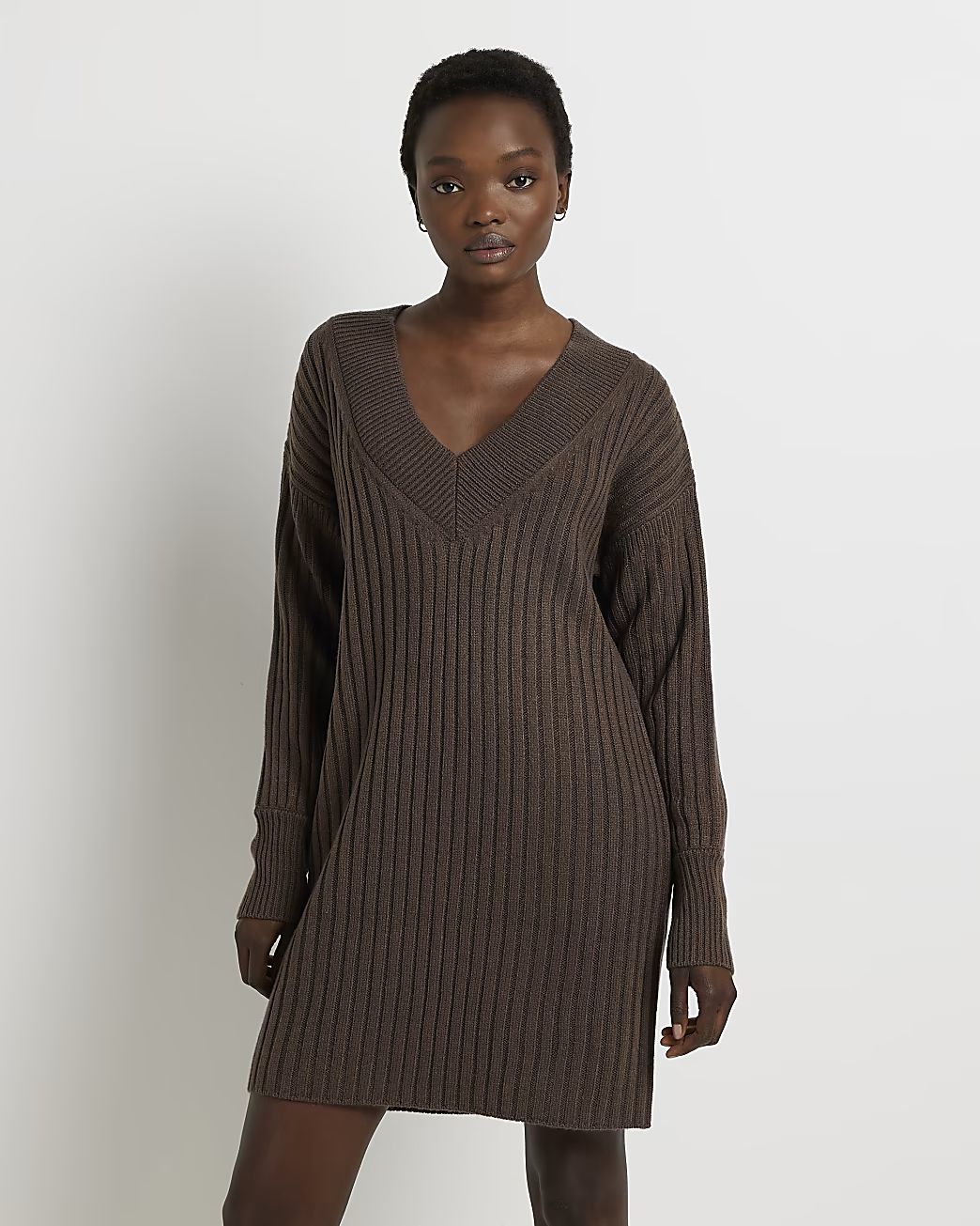 Brown long sleeve jumper mini dress | River Island (US)