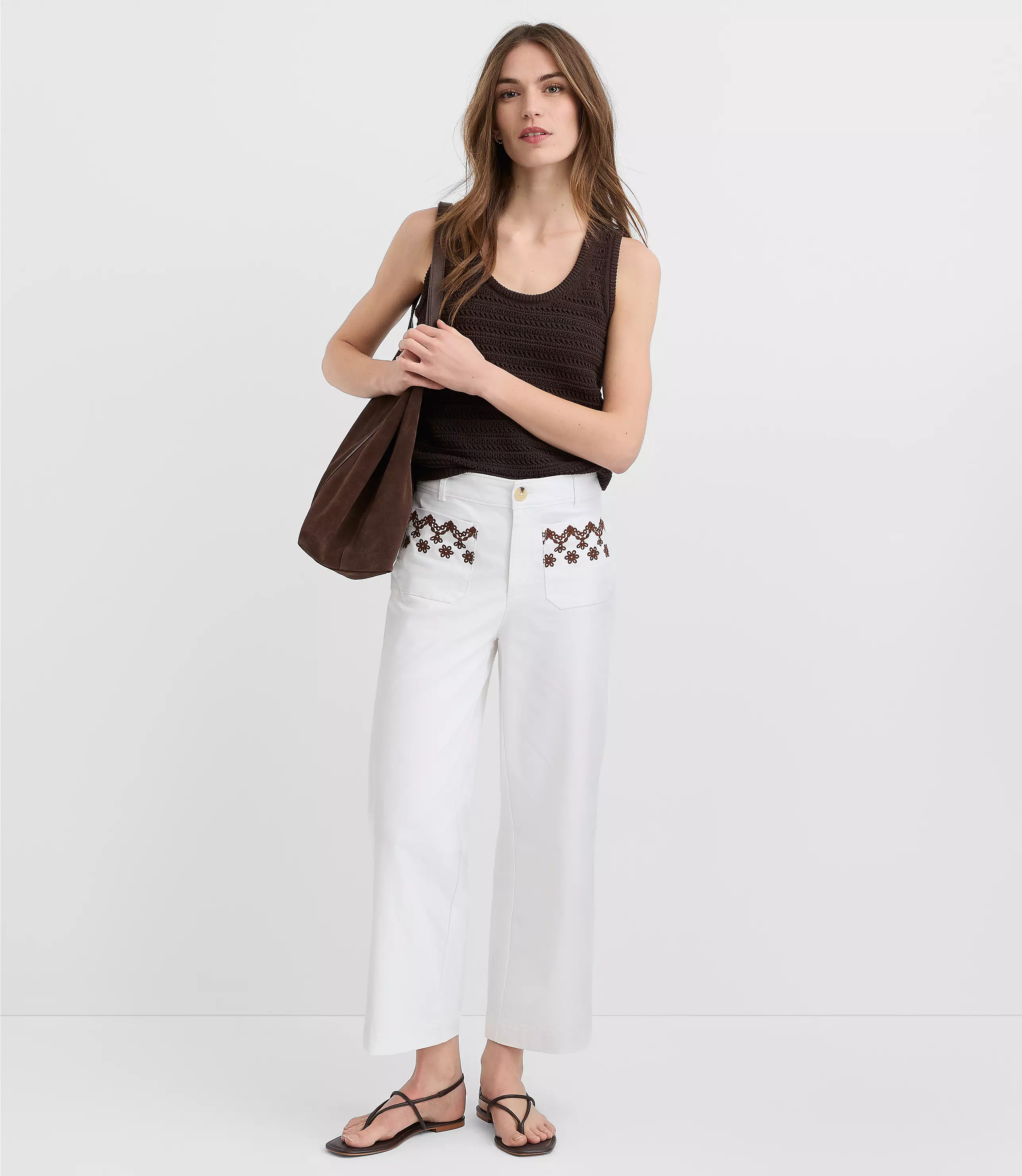 Palmer Wide Leg Crop Pants in Embroidered Twill | LOFT