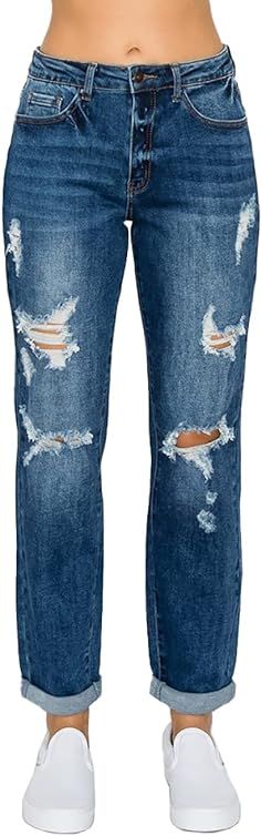 wax jean Women's Boyfriend Jeans with Destructed Blown Knee and Rolled Cuff | Amazon (US)