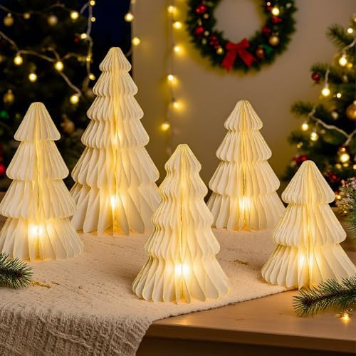 5 Pcs Christmas Table Decorations Indoor, 3D Honeycomb Paper Christmas Trees, Light Up Vintage Ta... | Amazon (US)