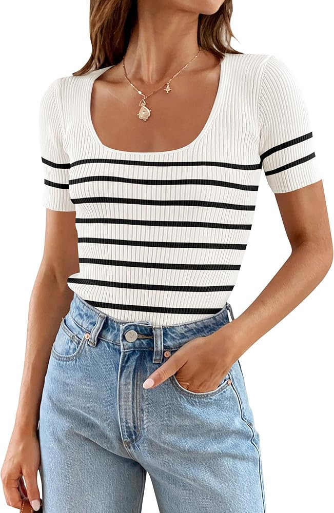 ZESICA Striped Tops for Women Summer Square Neck Tops Basic Tee Shirts Fashion 2024 Trendy Clothe... | Amazon (US)