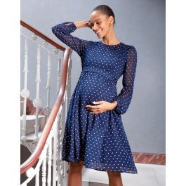 Navy & White Spot Chiffon Maternity to Nursing Dress | Seraphine US