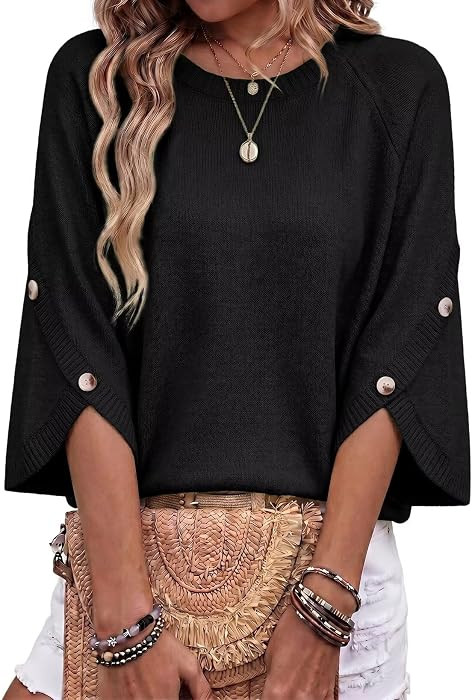 Dokotoo Womens Sweaters Oversized 3/4 Button Sleeve Crewneck Casual Lightweight Knit Solid Pullov... | Amazon (US)