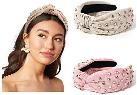 Pearl Knotted Headbands for Women Hair Twist Rhinestone Top Knot 2PCS Wide Band Fashion Cute Stud... | Amazon (US)