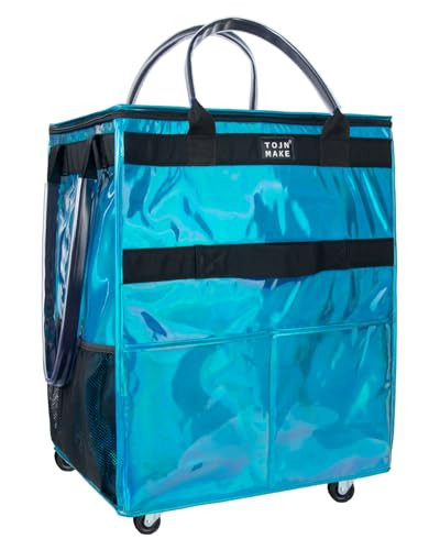 Reusable Grocery Bag with Wheels, Shopping Trolley with 8 Pockets and Zipper Cover Foldable Rolling Tote for Women, Kitchen, Travel, Carries Up to 66LBS (Large, Glitter Blue) | Amazon (US)