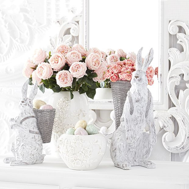 Whitewash Bunny with Basket Figure | Antique Farm House