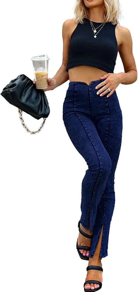 Womens Jeans Elastic High Waist Stretch Jeans for Women Curvy Slit Hem | Amazon (US)