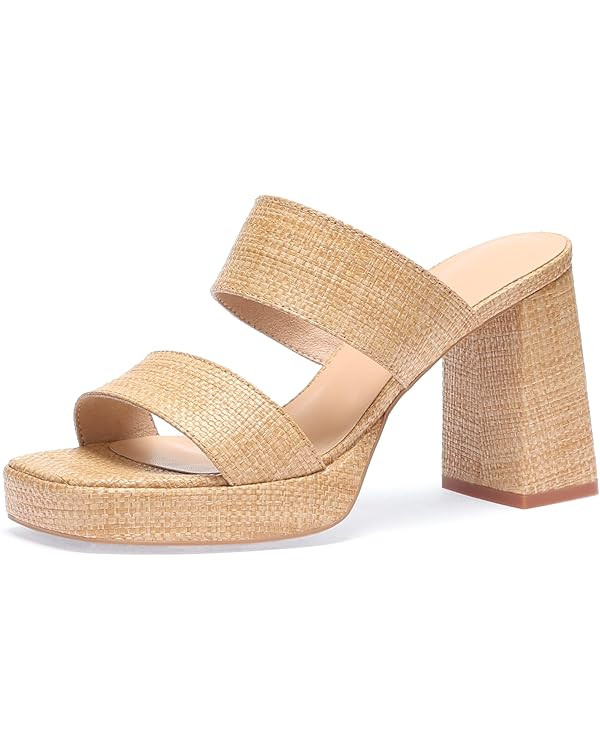 Monrovia Raffia Chunky Platform Heels for Women, Double Strap Square Open Toe Slip On Heels - Cas... | Amazon (US)