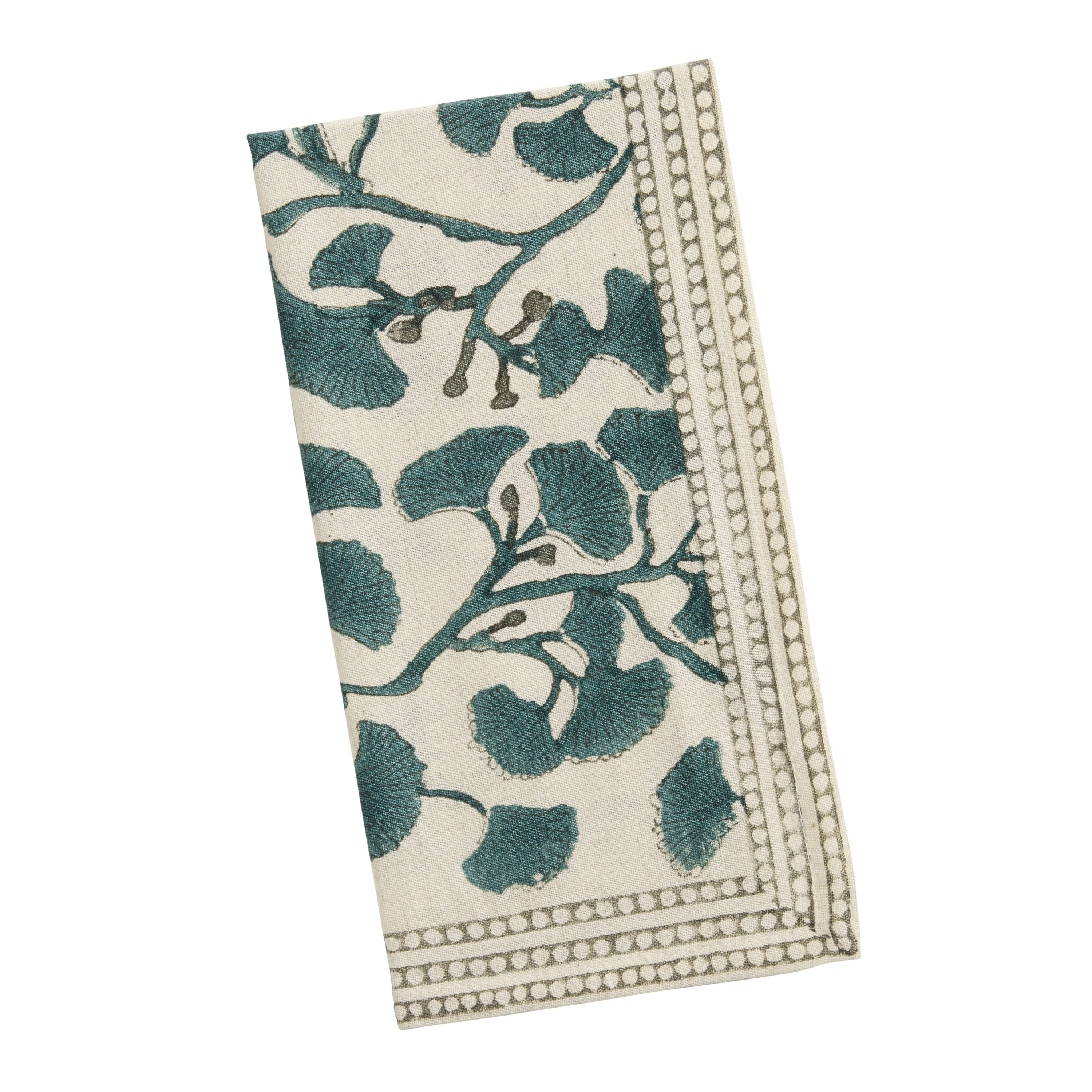 Aqua and Gray Ginkgo Leaf Block Print Napkin Set of 4 | World Market