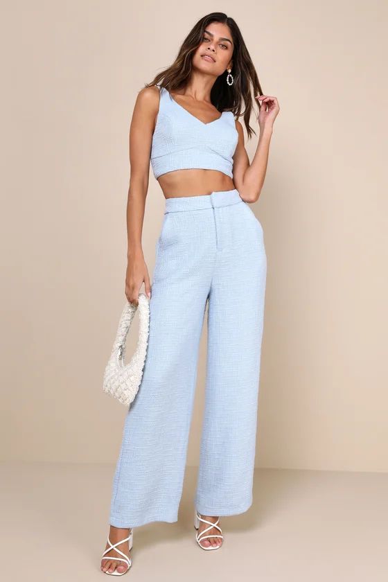Chic and Sophisticated Light Blue Tweed Wide-Leg Pants | Lulus