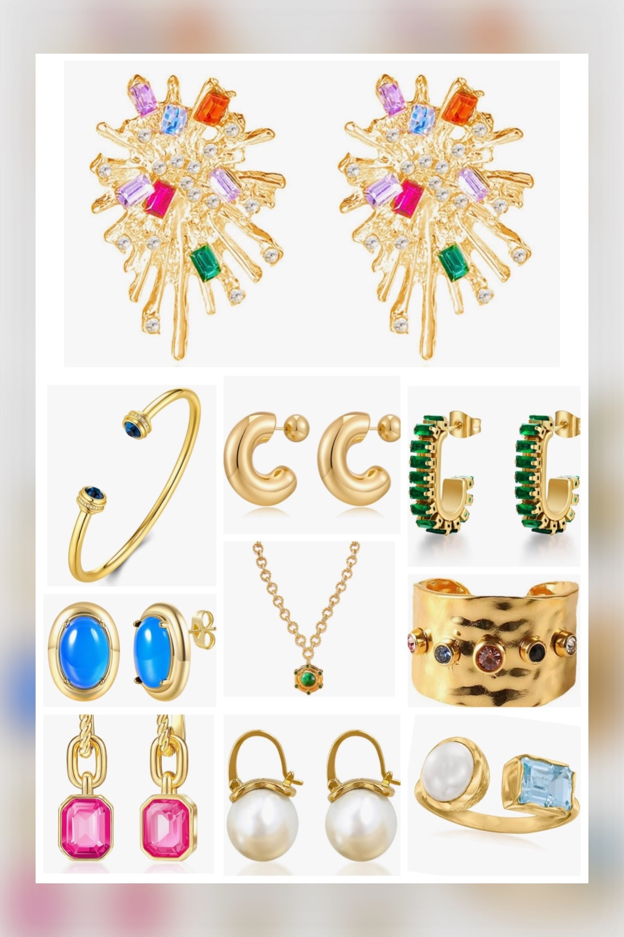 Colorful Gold Jewelry Gifts for the Holidays ✨🎁

Statement earrings, bold rings, and everyday gold pieces with a colorful twist—this Amazon jewelry roundup is full of holiday-ready gift ideas. From rhinestone firework earrings and chunky gold hoops to pearl drops, emerald-green huggies, and vibrant gemstone accents, these are such good look-for-less finds. Perfect for holiday outfits, dressing up winter neutrals, stacking with everyday favorites, or gifting when you want something fun but still classic. Most pieces are under $20, lightweight, and easy to mix and match—great stocking stuffers, Secret Santa gifts, or last-minute holiday presents. 💛✨🎄

colorful gold jewelry, amazon jewelry finds, holiday jewelry gifts, christmas gift ideas for her, stocking stuffer jewelry, statement earrings, gold hoop earrings, chunky gold ring, pearl drop earrings, emerald green earrings, gemstone jewelry, affordable jewelry gifts

#LTKHoliday #LTKFindsUnder50 #LTKGiftGuide