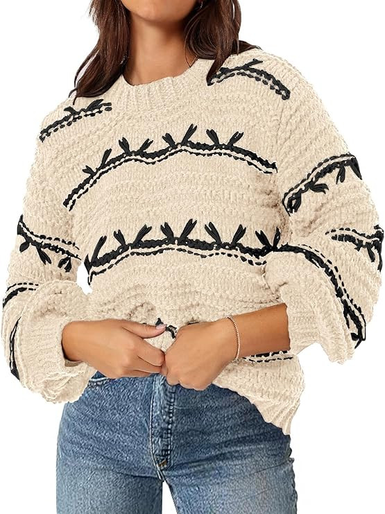 MEROKEETY Women's 2024 Long Sleeve Crew Neck Tops Casual Chunky Contrast Knit Pullover Sweaters | Amazon (US)