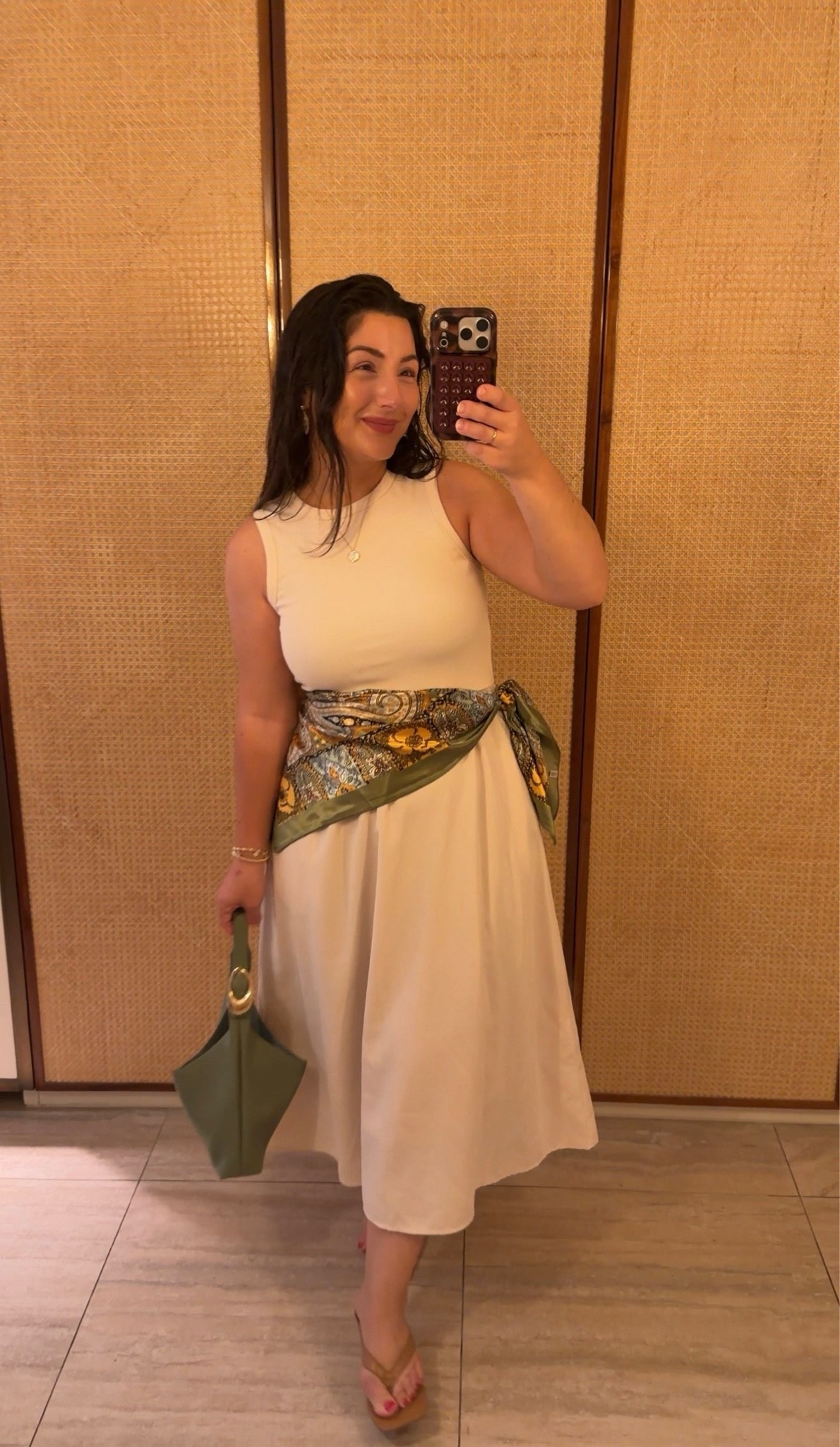 My favorite summer dress! 
Accessorized with a satin scarf and matching bag plus square toe heels! 

Dress size small 
5'0" 140lbs 
Petite friendly

#LTKootd #LTKPetite #LTKTravel